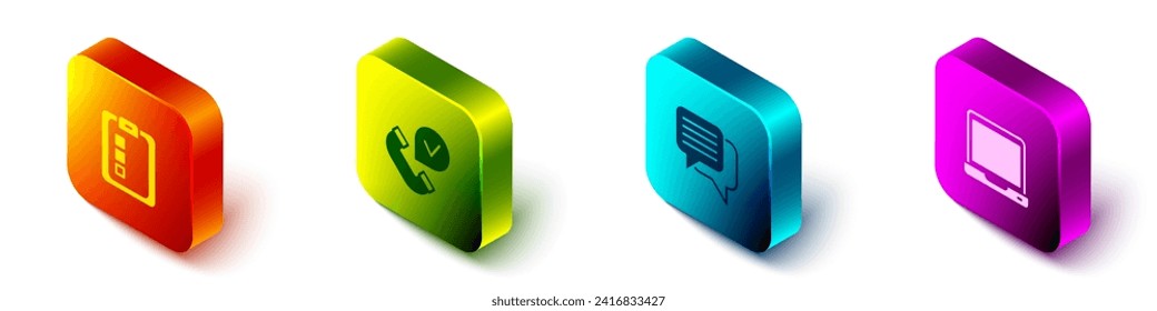 Set Isometric Online quiz, test, survey, Telephone handset, Speech bubble chat and Laptop icon. Vector