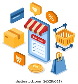Conjunto de elementos isométricos de conceito de compras on-line. smartphone, loja on-line, saco de compras, carrinho, desconto, cartão de crédito, caixa de transporte, moeda. nenhuma pessoa. ilustração plana isolada no fundo branco.