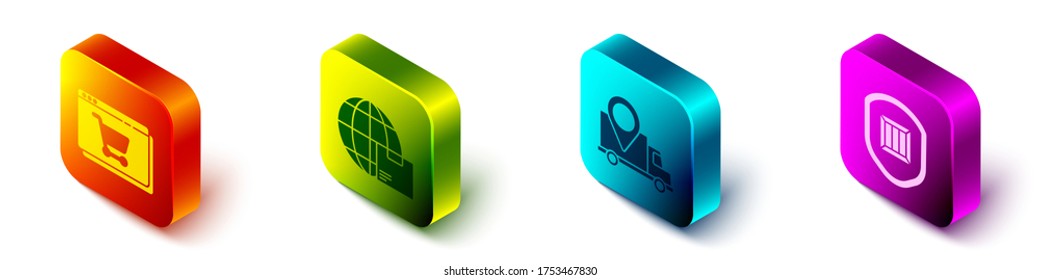 Set Isometric Online shopping on screen, Worldwide shipping and box, Delivery tracking and Delivery security with shield icon. Vector