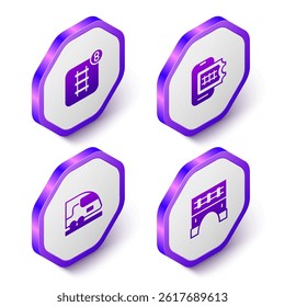 Set Isometric Online ticket booking, High-speed train and Bridge for icon. Purple hexagon button. Vector