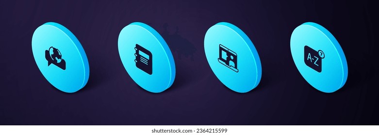 Establezca un traductor Isometric Online, un estudio en línea de idiomas extranjeros, un icono de bloc de notas y aprendizaje de idiomas extranjeros. Vector