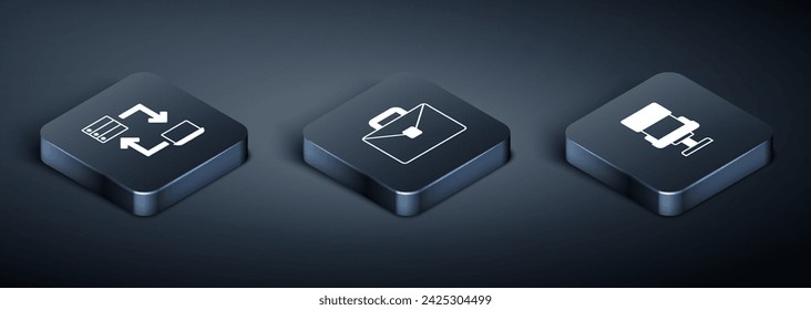 Set Isometric Online working, Office chair and Briefcase icon. Vector
