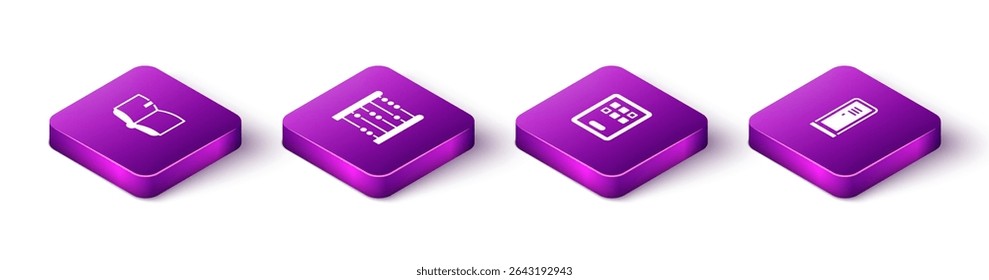 Set Isometric Open book, Abacus, Graphic tablet and Locker or changing room icon. Vector