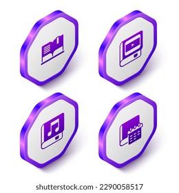 Set Isometric Open book, Book about cinema, Audio and Daily paper notepad icon. Purple hexagon button. Vector