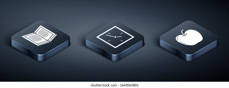 Ajuste el libro Isometric Open, Apple y el icono Reloj. Vector