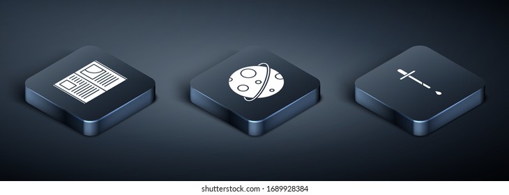 Set Isometric Open book, Pipette and Planet icon. Vector