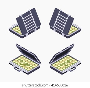 Set of the isometric open briefcases with the money. The objects are isolated against the white background and shown from different sides