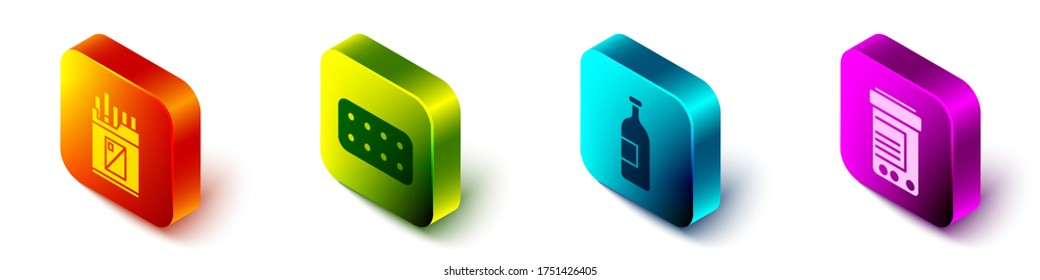 Set Isometric Open cigarettes pack box, Pills in blister pack, Alcohol drink bottle and Medicine bottle and pills icon. Vector