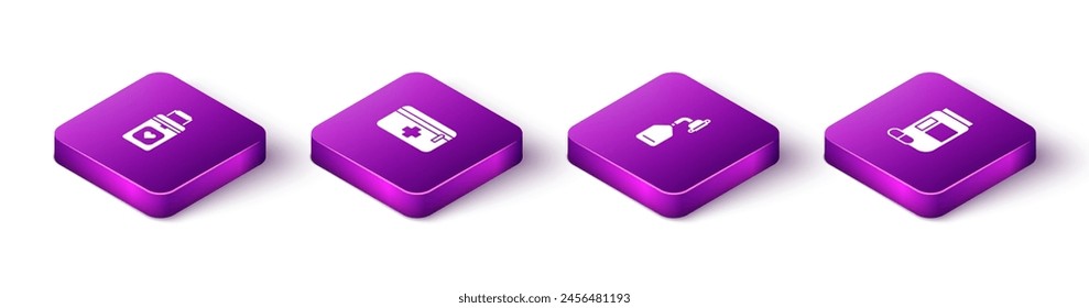 Set Isometric Organ container, First aid kit, Medical oxygen mask and Medicine bottle and pills icon. Vector