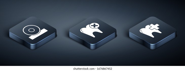 Set Isometric Otolaryngological head reflector, Dental clinic for dental care tooth and Tooth with caries icon. Vector
