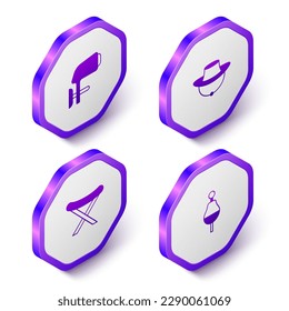 Set Isometric Outboard boat motor, Fisherman hat, Camping folding chair and Fishing float icon. Purple hexagon button. Vector
