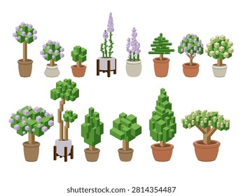 Set of isometric outdoor potted plants with topiary trees, ball and conical shapes, lilac and cream blossoms, flower spikes, terracotta and glazed pots, wood stands, white background.