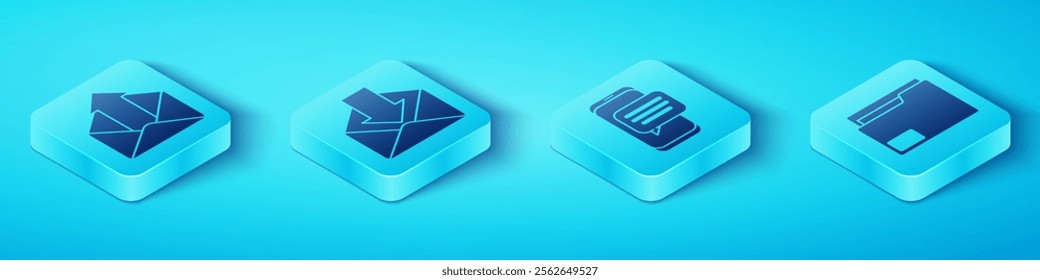 Set Isometric Outgoing mail, Envelope, Document folder and Chat messages notification on phone icon. Vector