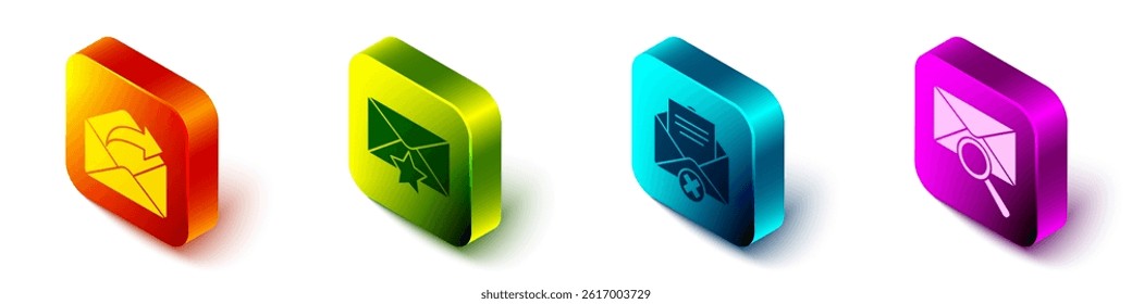 Set Isometric Outgoing mail, Envelope with star, Delete envelope and Envelope with magnifying glass icon. Vector