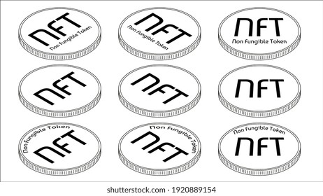 Set of isometric outline coins NFT non fungible tokens isolated on white. Pay for unique collectibles in games or art. Vector illustration.