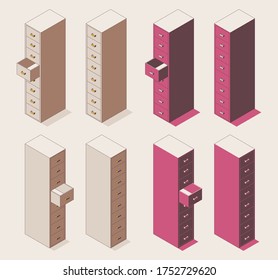 Set of isometric outline colored office cabinet furniture in pink and brown