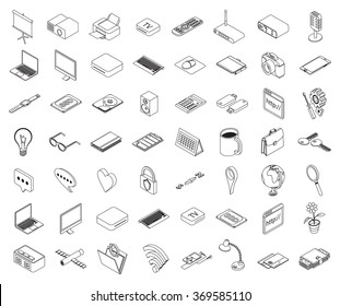 Set Of Isometric Outline Of Icons On A Theme Of Computer Technology And Office Equipment - Vector Eps 10