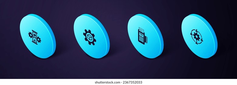 Establezca el concepto de externalización isométrica, terminal POS, desarrollo de productos e icono de vidrio y engranaje. Vector