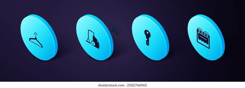 Set Isometric Oven, House key, Vacuum cleaner and Hanger wardrobe icon. Vector
