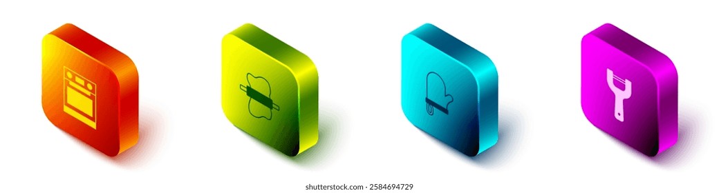 Set Isometric Oven, Rolling pin on dough, glove and Vegetable peeler icon. Vector