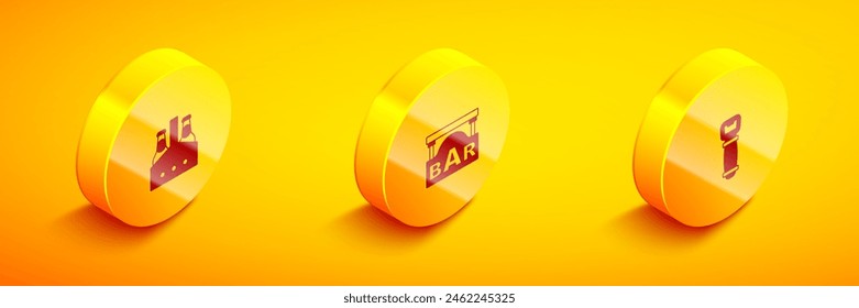 Set Isometric Pack of beer bottles, Street signboard with Bar and Bottle opener icon. Vector