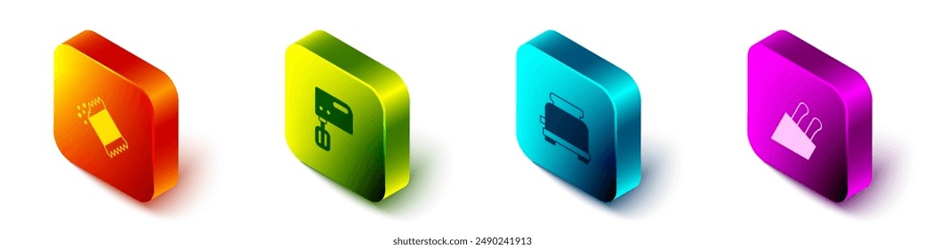 Set Isometric Packet of pepper, Electric mixer, Toaster and Knife icon. Vector