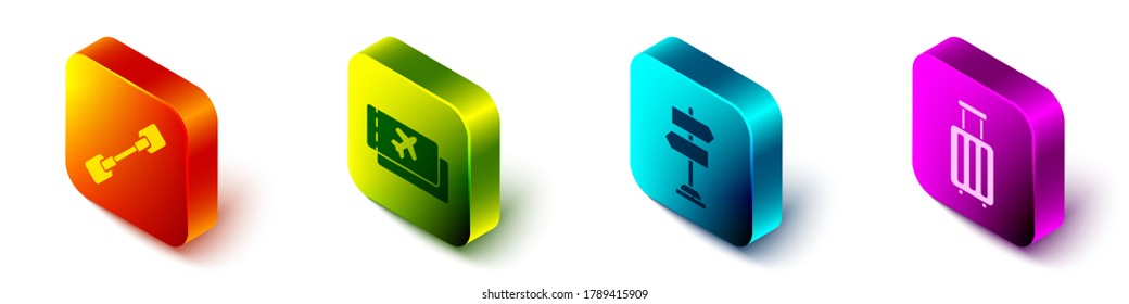 Set Isometric Paddle, Airline ticket, Road traffic sign and Suitcase icon. Vector