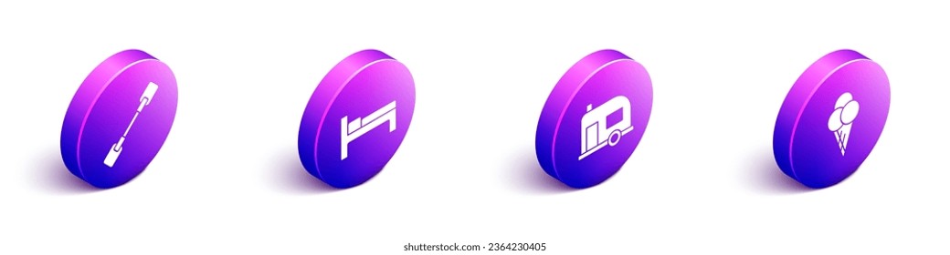 Set Isometric Paddle, Bed, Rv Camping trailer and Ice cream in waffle cone icon. Vector