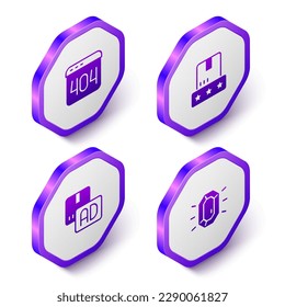 Set Isometric Page with a 404 error, Consumer product rating, Advertising and Diamond icon. Purple hexagon button. Vector