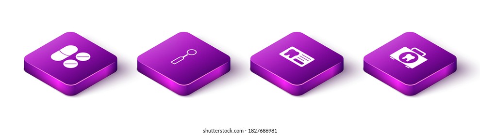 Set Isometric Painkiller tablet, Dental inspection mirror, card and First aid kit icon. Vector.