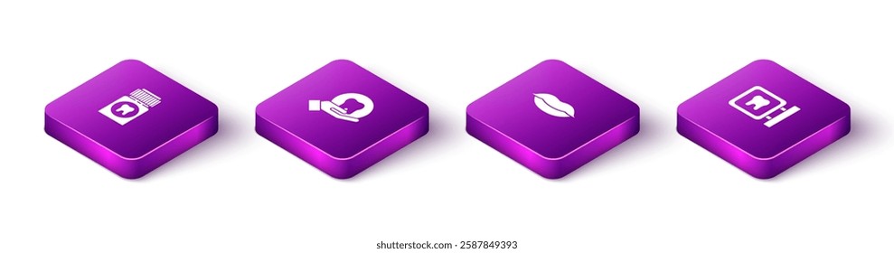 Set Isometric Painkiller tablet, Tooth, Smiling lips and Dental clinic location icon. Vector