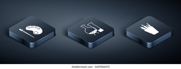 Set Isometric Paint brush with palette, Pencil case stationery and Test tube and flask chemical laboratory test icon. Vector