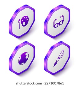Set Isometric Paint brush with palette, Glasses, Earth globe and Fountain pen nib icon. Purple hexagon button. Vector