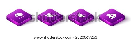 Set Isometric Paint brush with palette, Amour heart and arrow, Croissant and Cheese icon. Vector
