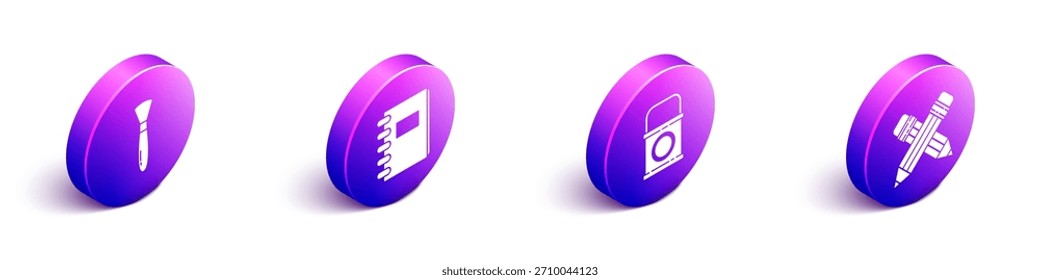 Conjunto de pincel de pintura isométrica, cuaderno espiral, cubo de pintura y lápiz cruzado con icono de borrador. Vector