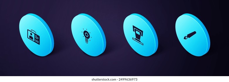 Set Isometric Paint brush, Stage stand, Light bulb and Identification badge icon. Vector