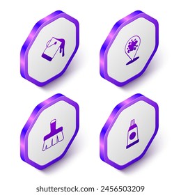 Establecer cubo de pintura isométrica, spray, pincel y tubo con icono de paleta de pintura. Botón hexagonal púrpura. Vector
