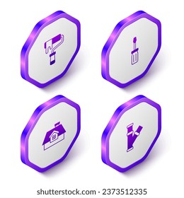 Set Isometric Paint roller brush, Screwdriver, House and Industry metallic pipe icon. Purple hexagon button. Vector