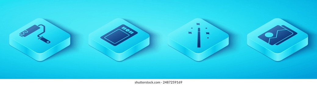 Setzen Sie Isometrische Farbrollenbürste, Grafiktablett, Bildlandschaft und Zauberstab-Symbol. Vektorgrafik