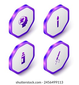 Set Isometric Paint spray, brush, Marker pen and  icon. Purple hexagon button. Vector