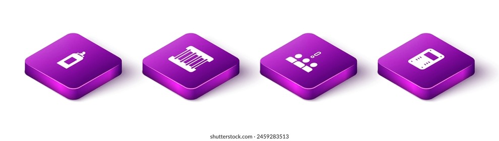 Set Isometric Paint spray can, Prison window, Crowd protest and Police assault shield icon. Vector