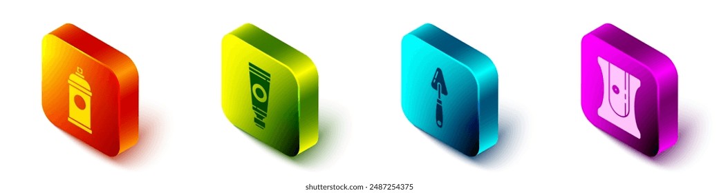 Set Isometric Paint spray can, Tube with paint palette, Palette knife and Pencil sharpener icon. Vector