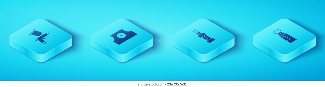 Ajuste la pistola de pulverización Isometric Paint, el capuchón de boquilla Spray puede, la pluma de marcador y el icono. Vector
