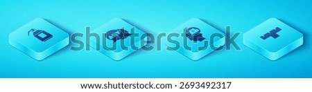 Set Isometric Paint spray gun, Speech bubble with text art, Marker pen attachment and Spray can nozzle cap icon. Vector