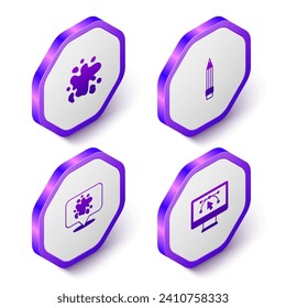 Establezca el spray de pintura isométrica, el lápiz con borrador y el icono del programa de diseño de equipo. Botón hexágono púrpura. Vector