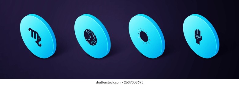 Set Isometric Palmistry of the hand, Sun, Planet Mercury and Virgo zodiac icon. Vector