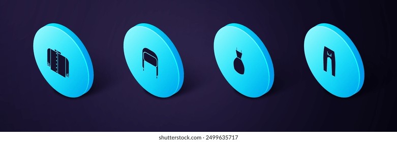 Set Isometric Pants, Woman dress, Winter hat with ear flaps and T-shirt icon. Vector
