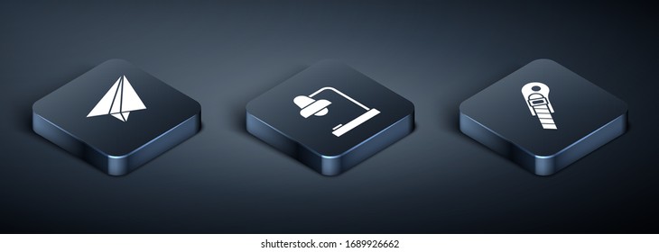 Set Isometric Paper airplane, Stationery knife and Table lamp icon. Vector