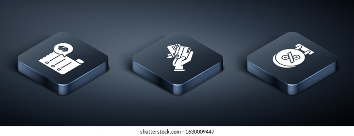 Set Isometric Paper check and financial check, Signboard hanging with an inscription discount percent and Human hand holding with credit card icon. Vector