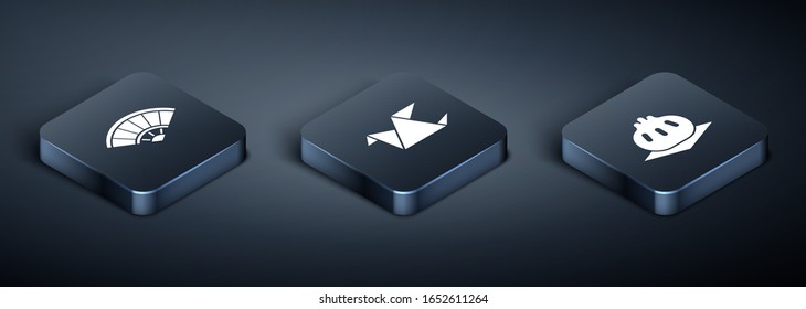 Set Isometric Paper chinese or japanese folding fan, Khinkali on cutting board and Origami bird icon. Vector